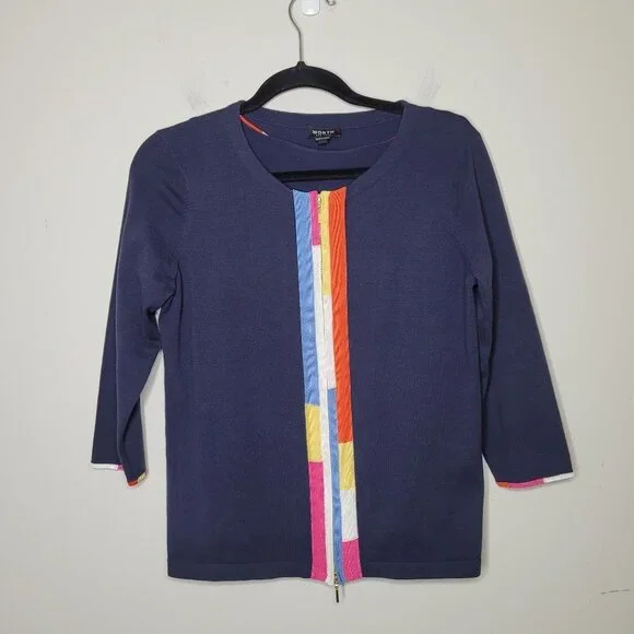 Worth New York Navy Blue Rainbow trim Tank and Cardigan womens size Small